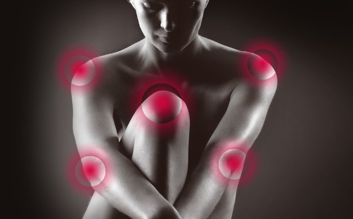 Puntos de dolor articular resaltados en hombros, codos y rodillas